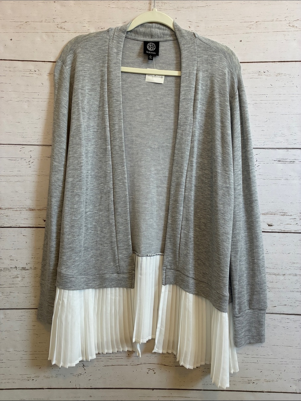 Bobeau Gray Open Front Cardigan with Pleated White  Hem, size L, NWT